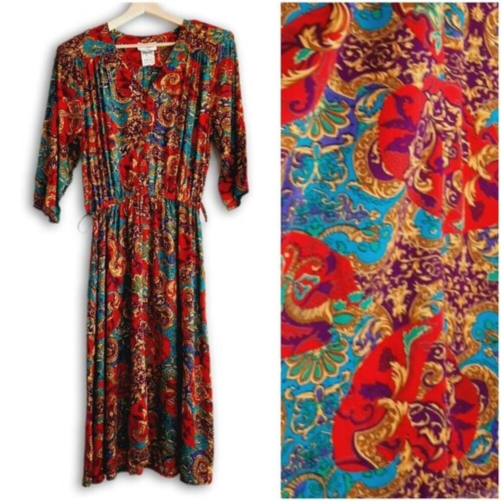 Vintage 80's CAMILLIA | Maxi Length Long Floral Dress Elastic Waist Colorful 16